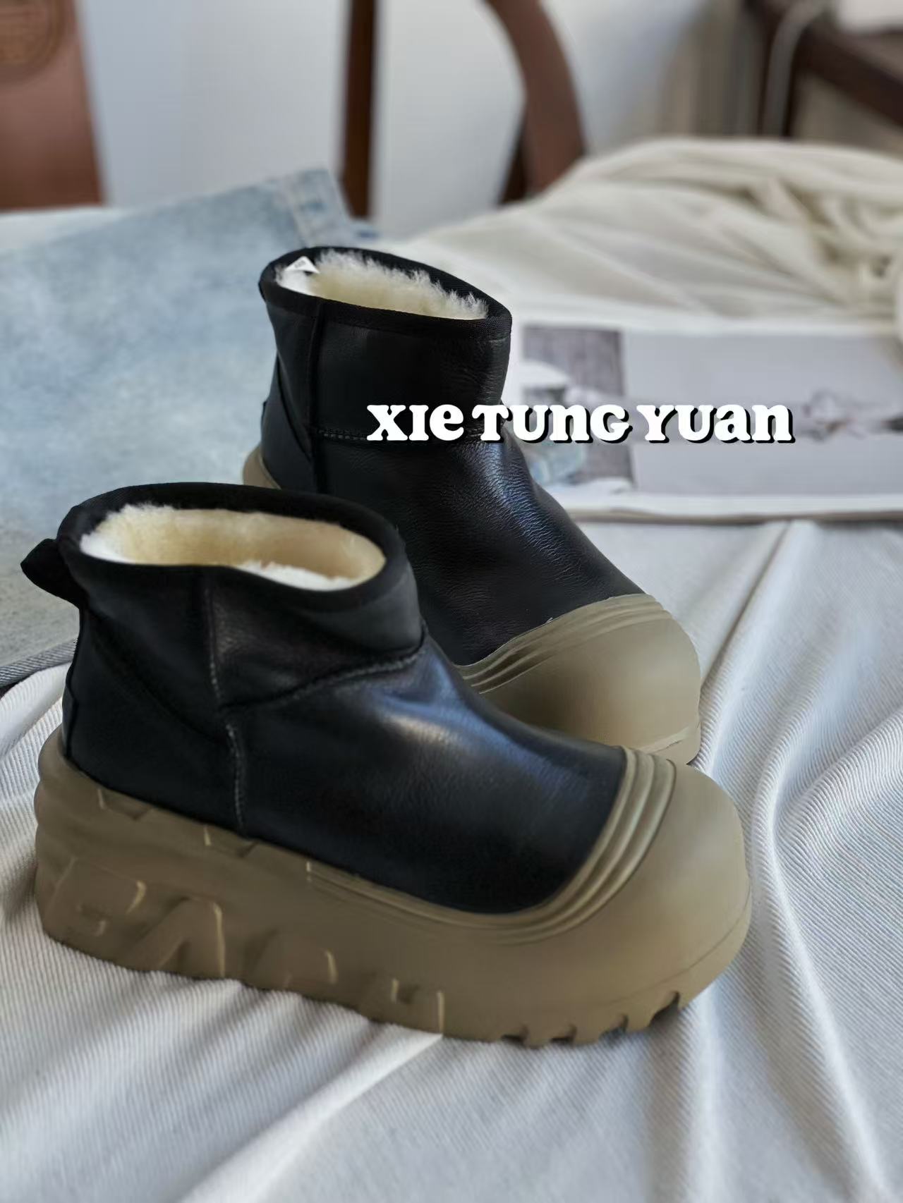 微瑕水洗皮时髦雪地靴女短靴5857