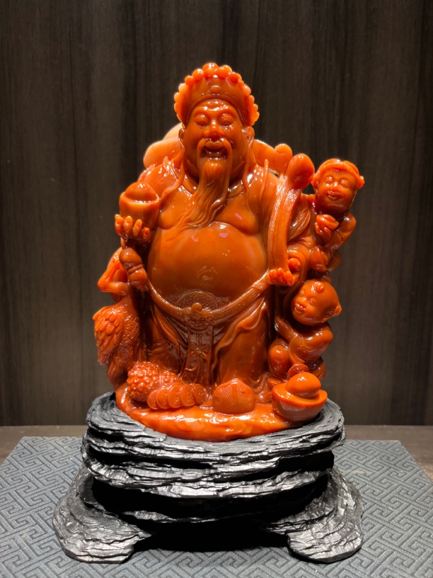 寿山高山石雕刻财神爷精致作品家居招财、色彩艳丽红润通透