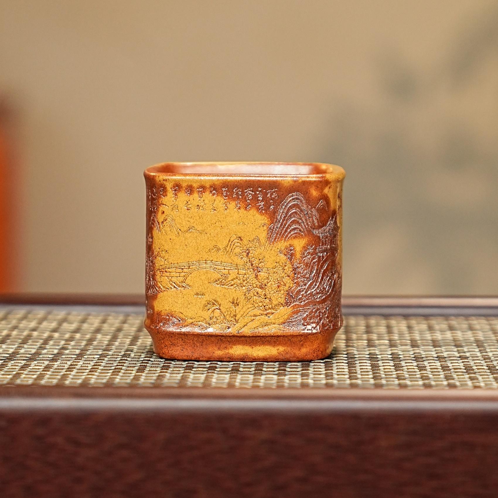 宜兴紫砂茶具 原矿段泥泥料刻绘山水花鸟四方杯品茗杯