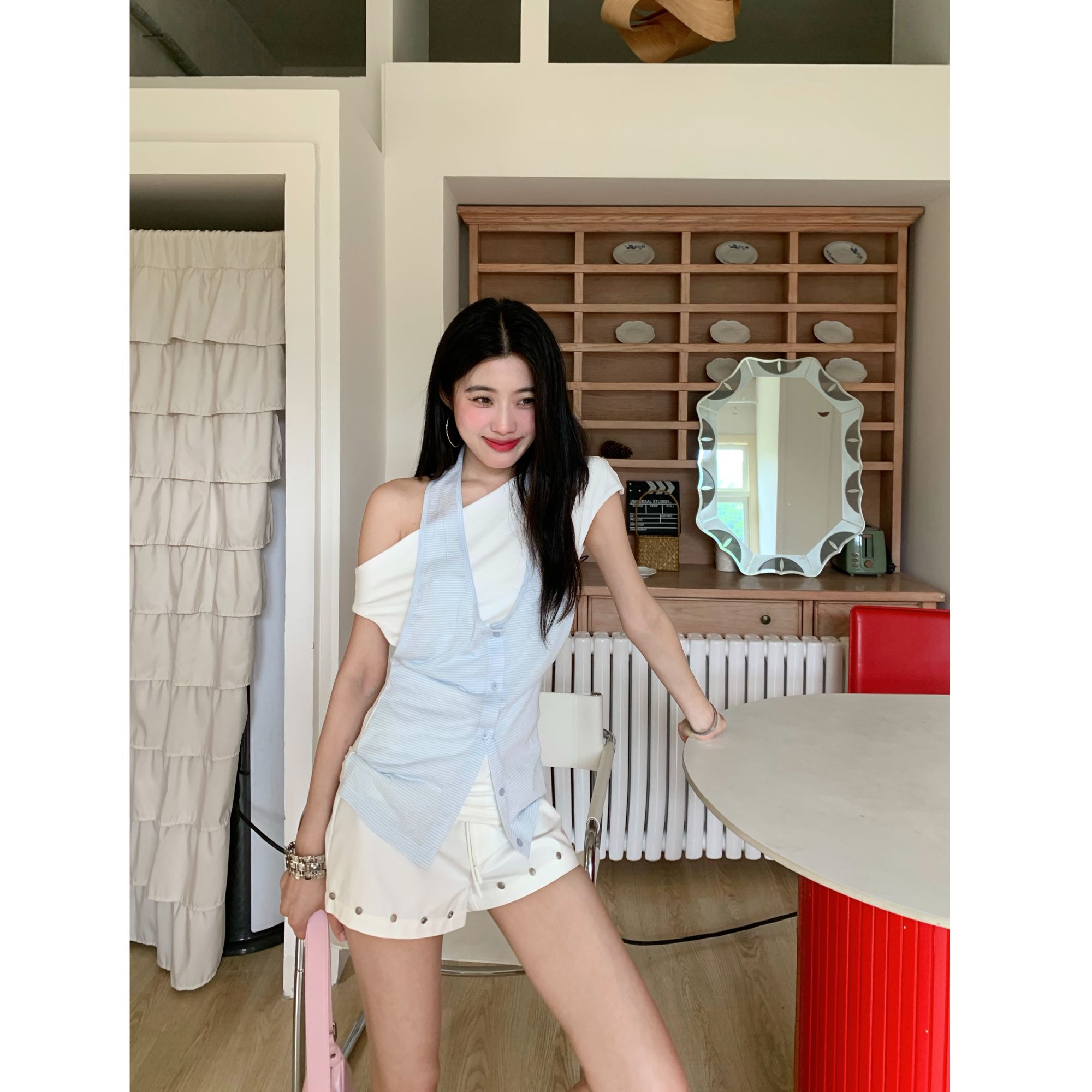 Joeyoo李乔优 假两件上衣女斜肩一字肩设计感T恤
