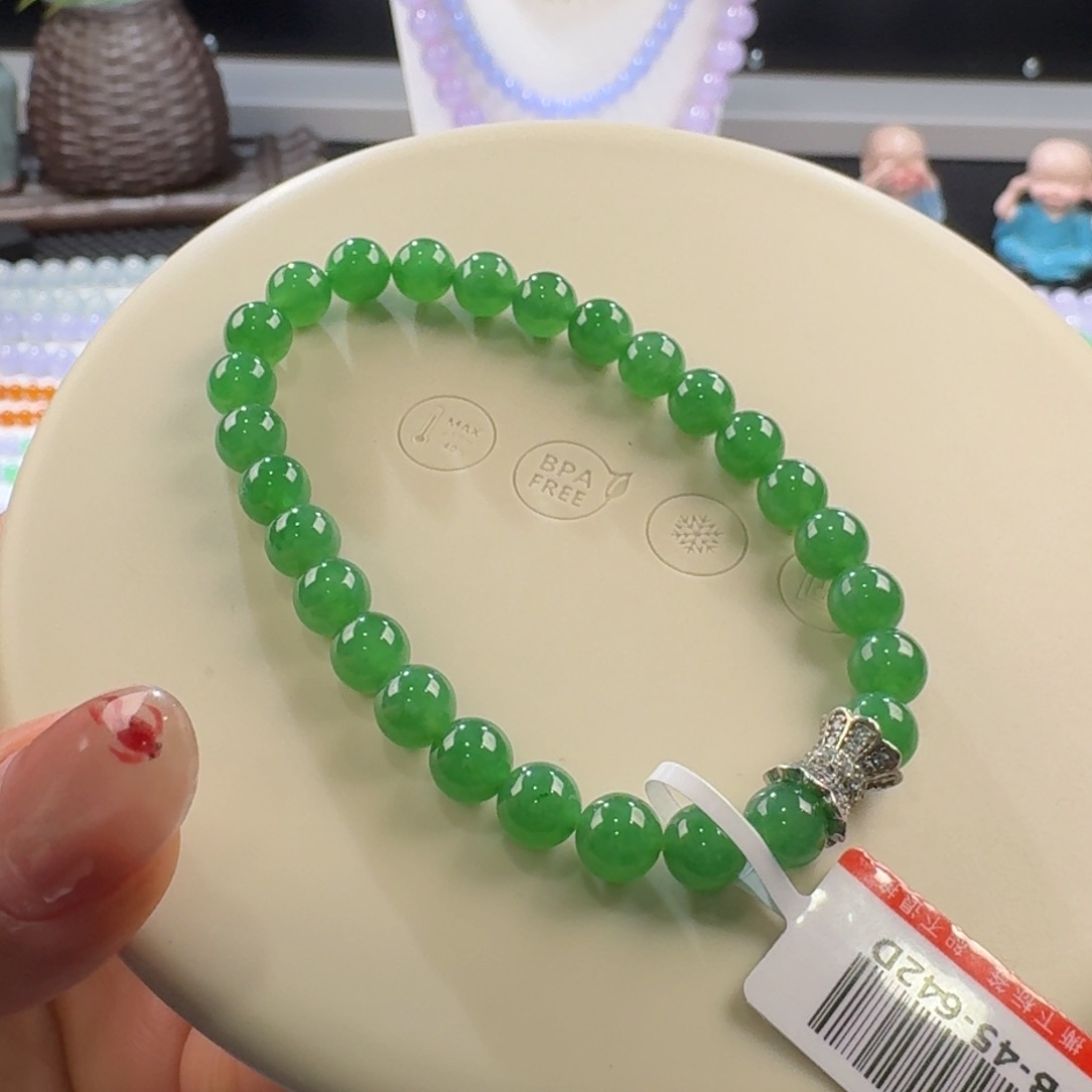 翡翠手链未镶嵌冰胶满绿单圈6.4mm