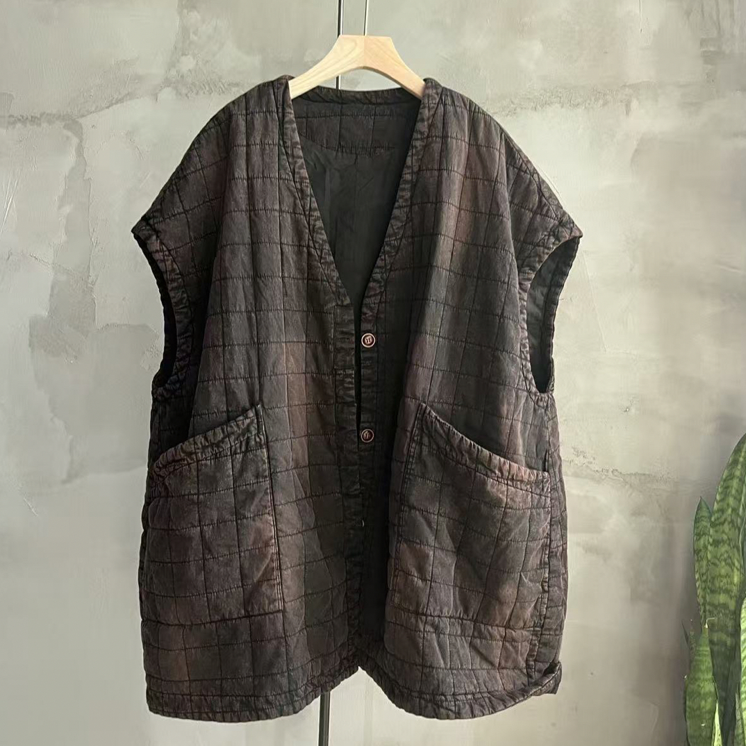 沉香布衣草堂原创炒色夹棉宽松中长款马甲