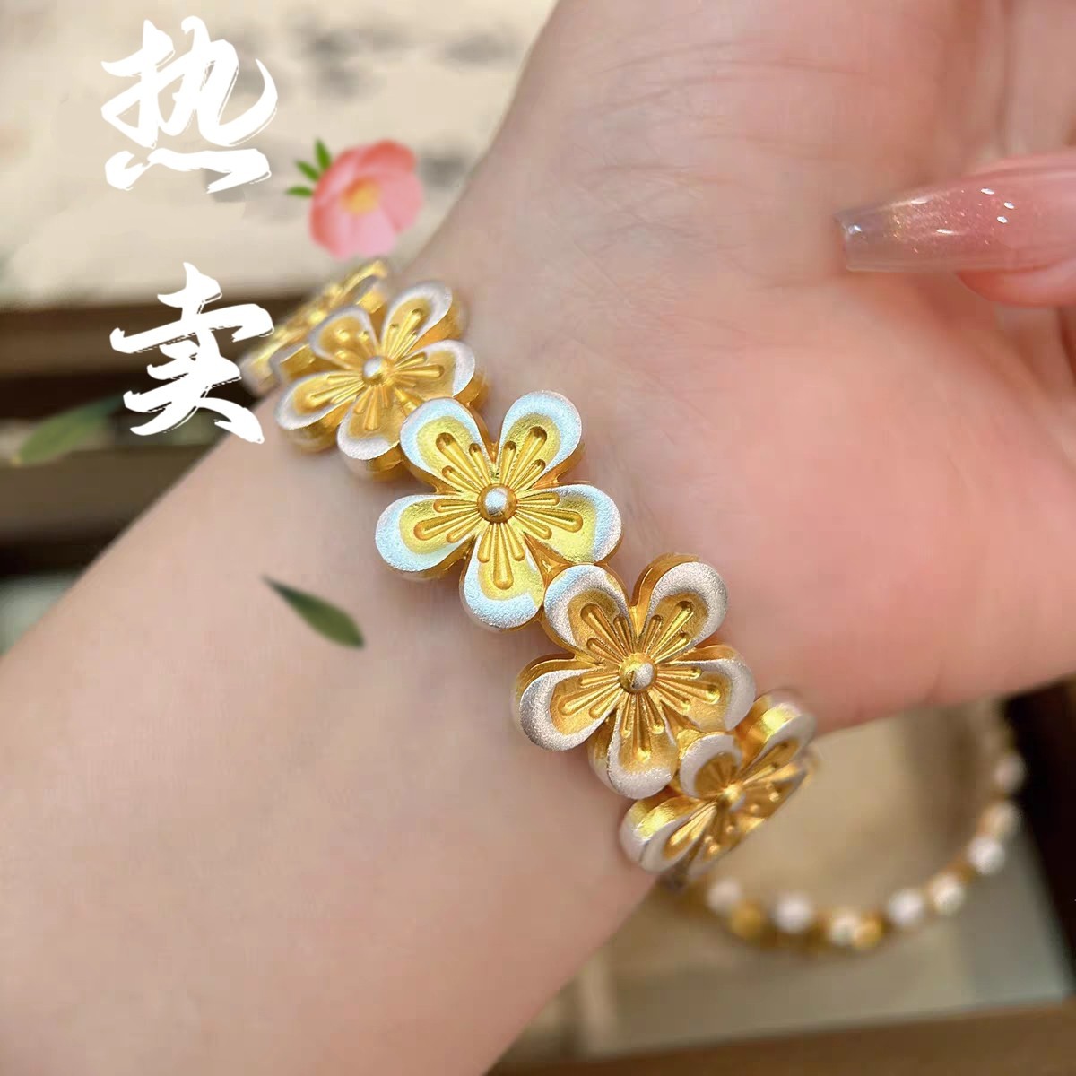 足银手镯 30号-描金繁花朵朵【开口】手镯1