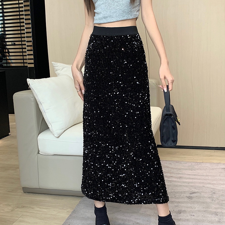 4683大码女装胖MM闪闪惹人爱高腰弹力亮片裙开叉长裙半身裙5286