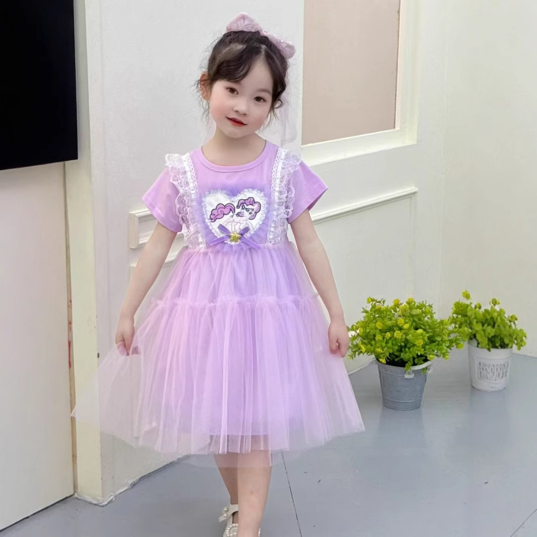 2025新款夏装卡通动漫女库洛米连衣裙紫色女童刺绣小马宝莉连衣裙
