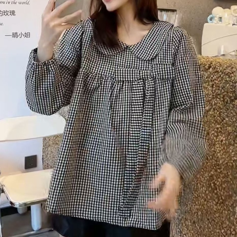 娃娃领黑白格长袖衬衫女春秋减龄百搭宽松遮肉显瘦上衣