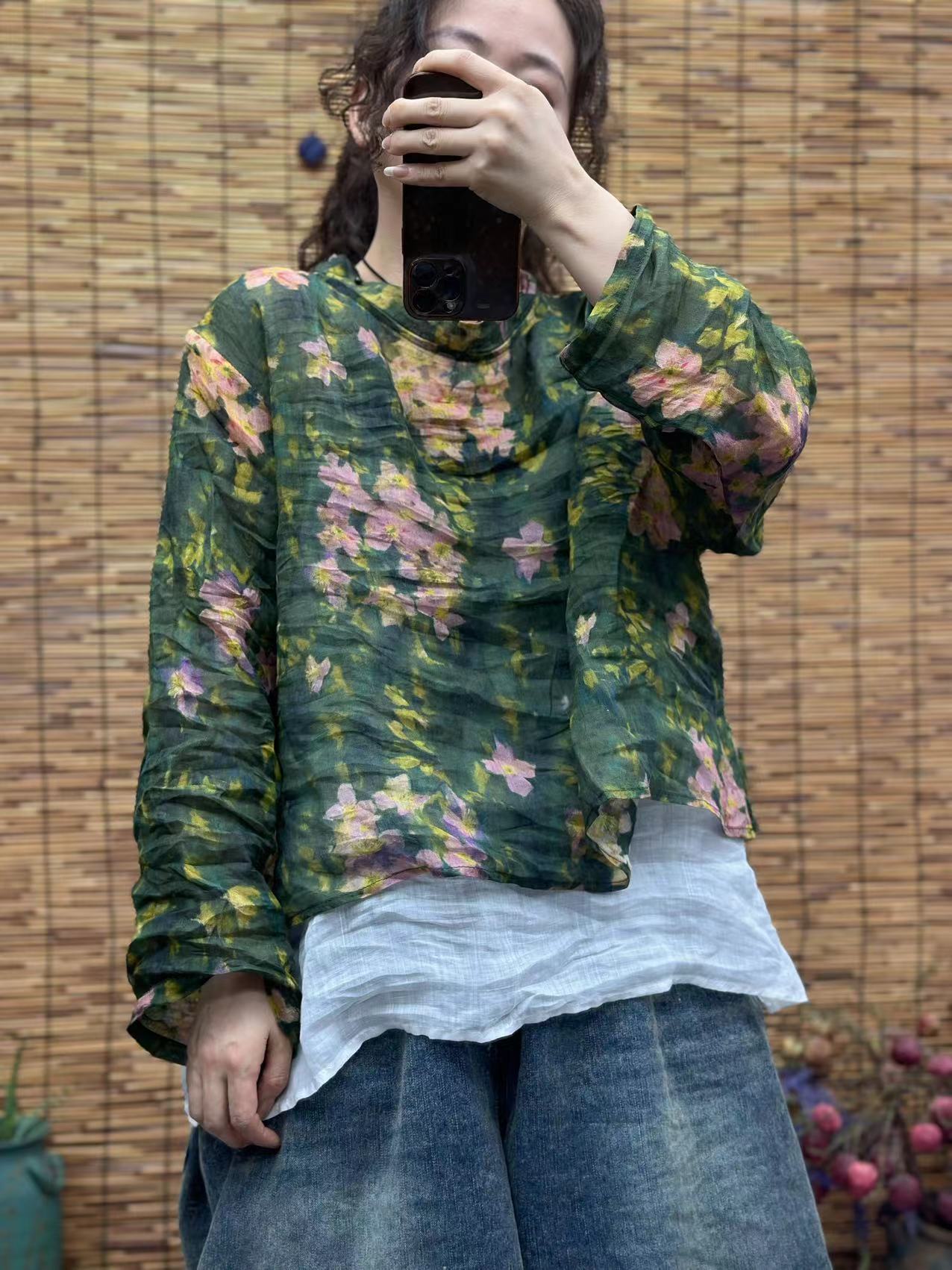 HY    微瑕疵绿底印花木耳领苎麻上衣