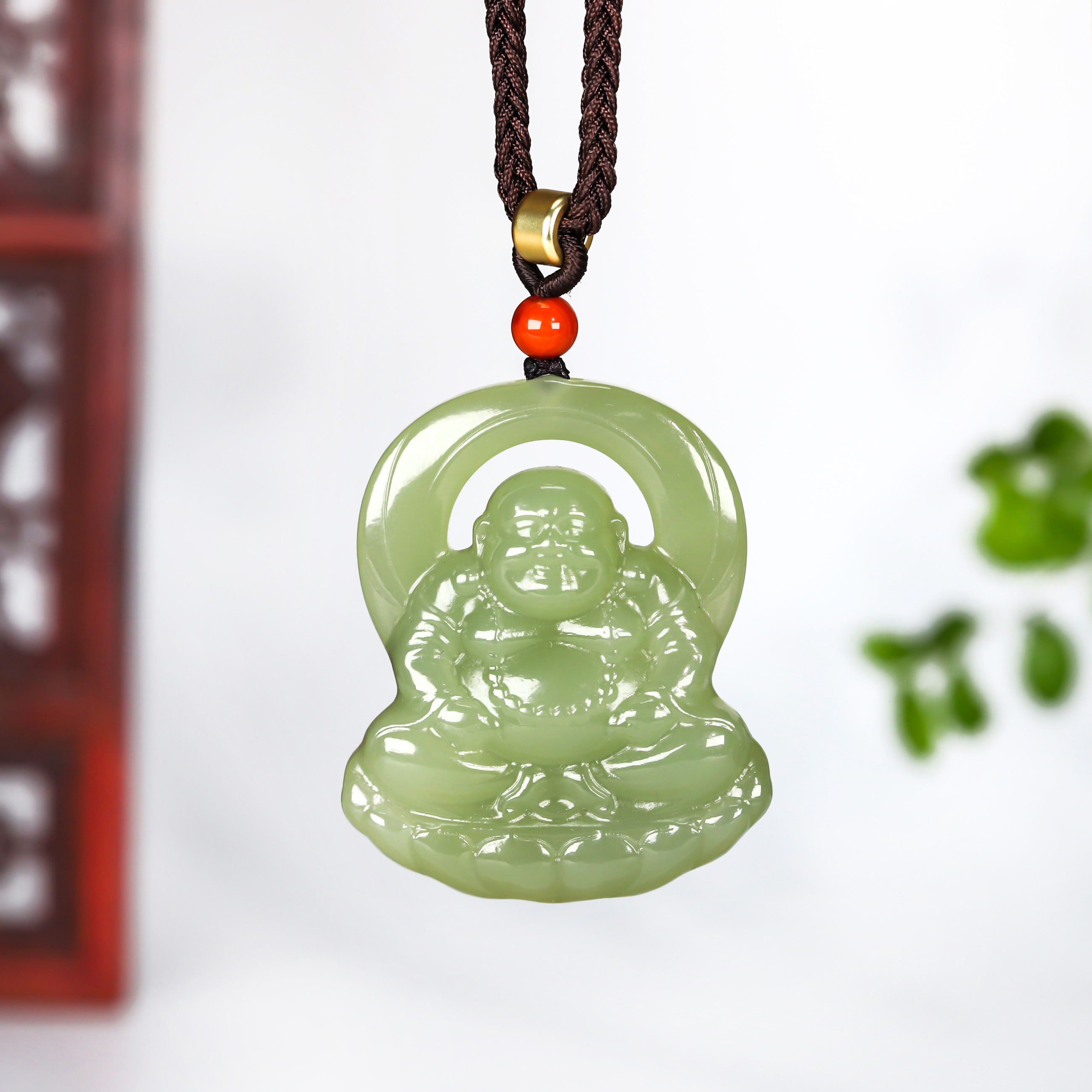 和田玉湖水绿笑口常开佛公项链 双面镂空雕刻 平安顺遂 男女同款