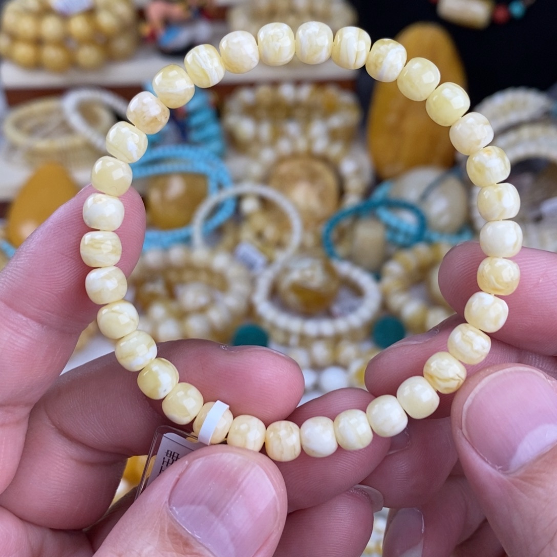 蜜蜡未镶嵌手链瓷白细纹虎皮6.4mm高桩