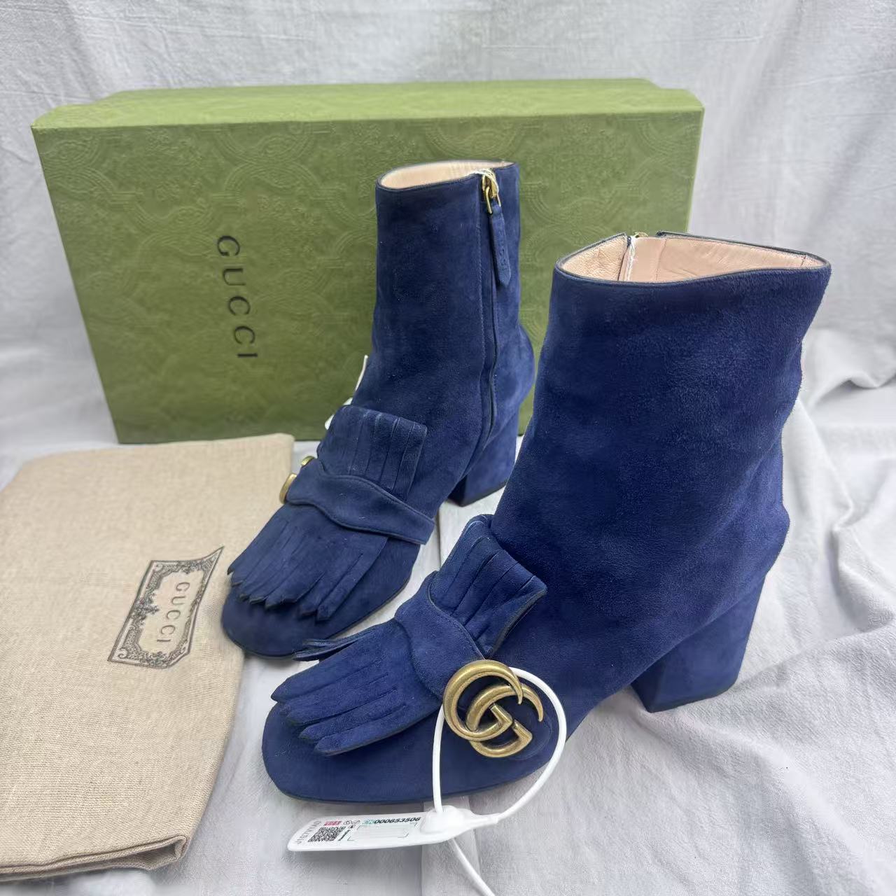 未使用 GUCCI/古驰 36.5码/仔仔女鞋/全套/藏蓝色双G短靴1463 