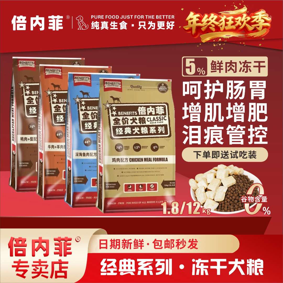 倍内菲狗粮经典系列无谷冻干成幼犬鸡肉增肌发腮鸭肉梨泪痕通用粮