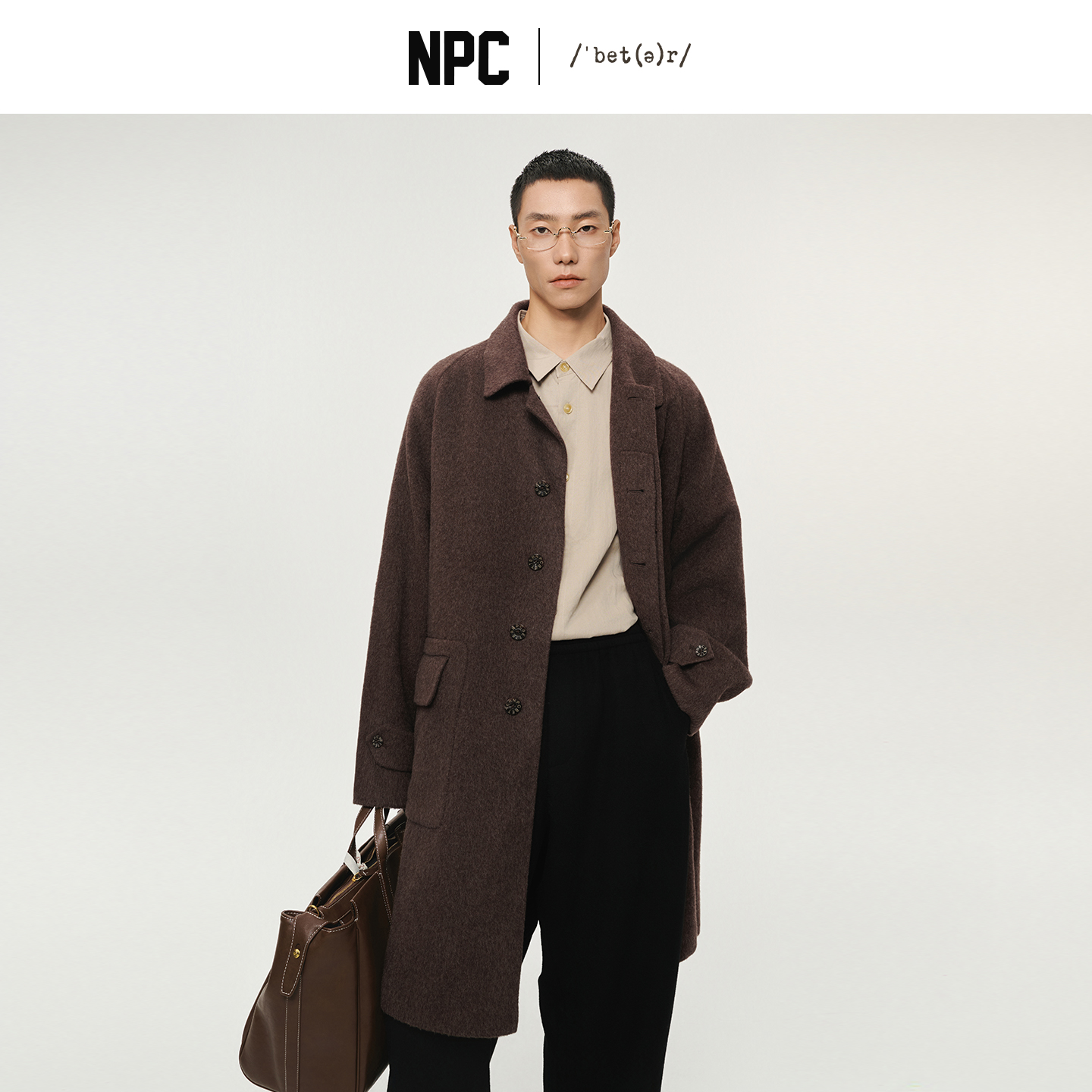 NPC潮牌100%绵羊毛翻盖口袋毛呢长裤大衣开衩廓形男挺括NP58WC33