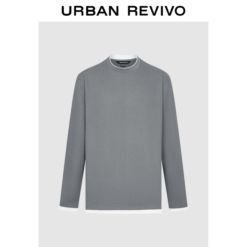 UR2025冬季新款男装休闲撞色边华夫格圆领长袖T恤UML450276