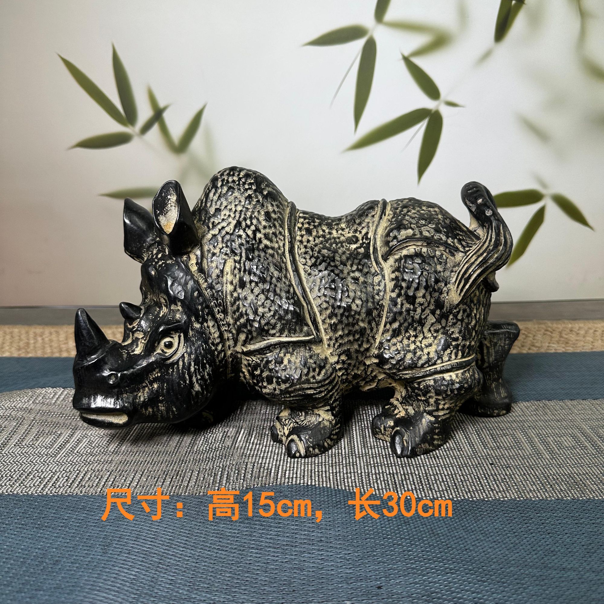 山西精美青石石雕桌面茶桌博古架造景摆件30CM犀牛