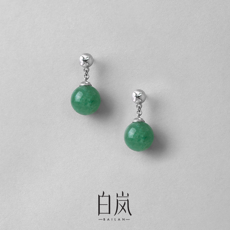 白岚花砖东陵玉耳钉925银耳环耳饰高级气质轻奢设计感饰品ED4645