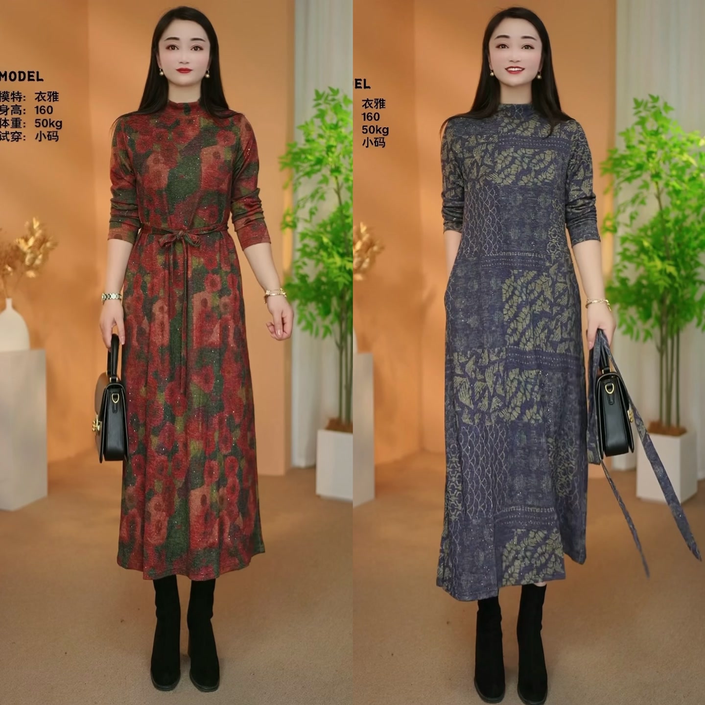 【衣雅严选】8220-2678#新款长袖烫金精致高定气质显瘦系带连衣裙