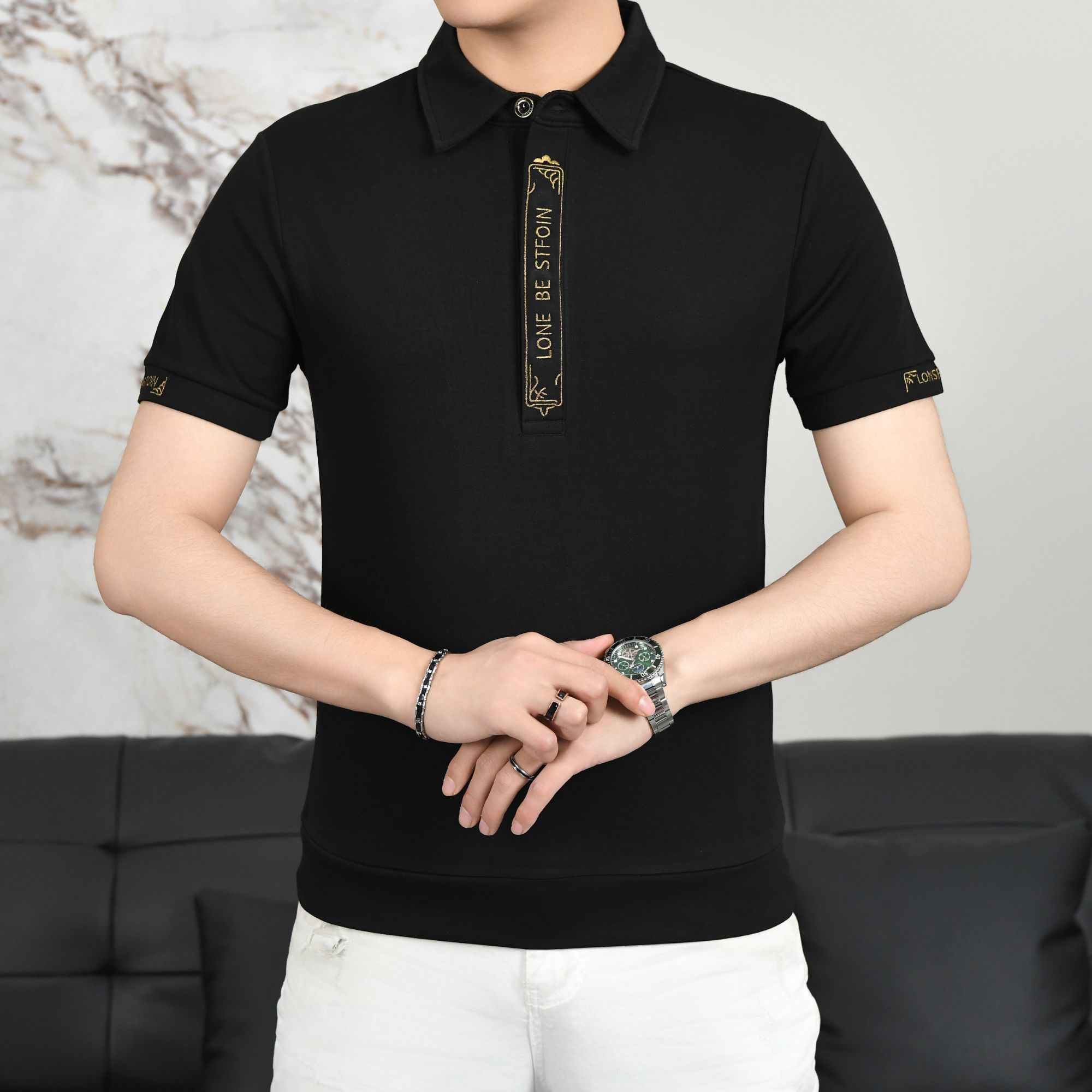 欧货男装轻奢翻领上衣百搭提花男士时尚休闲短袖薄款潮流男款修身