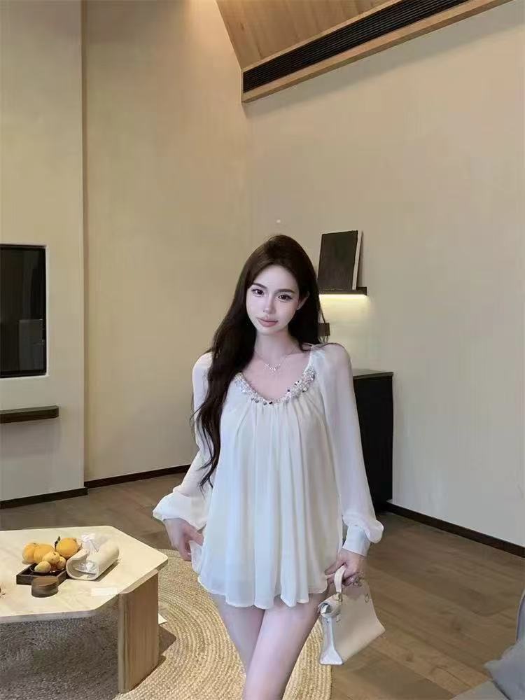 羞羞大码【精英佳人】显瘦气质时尚设计感宽松泡泡袖甜美上衣5076