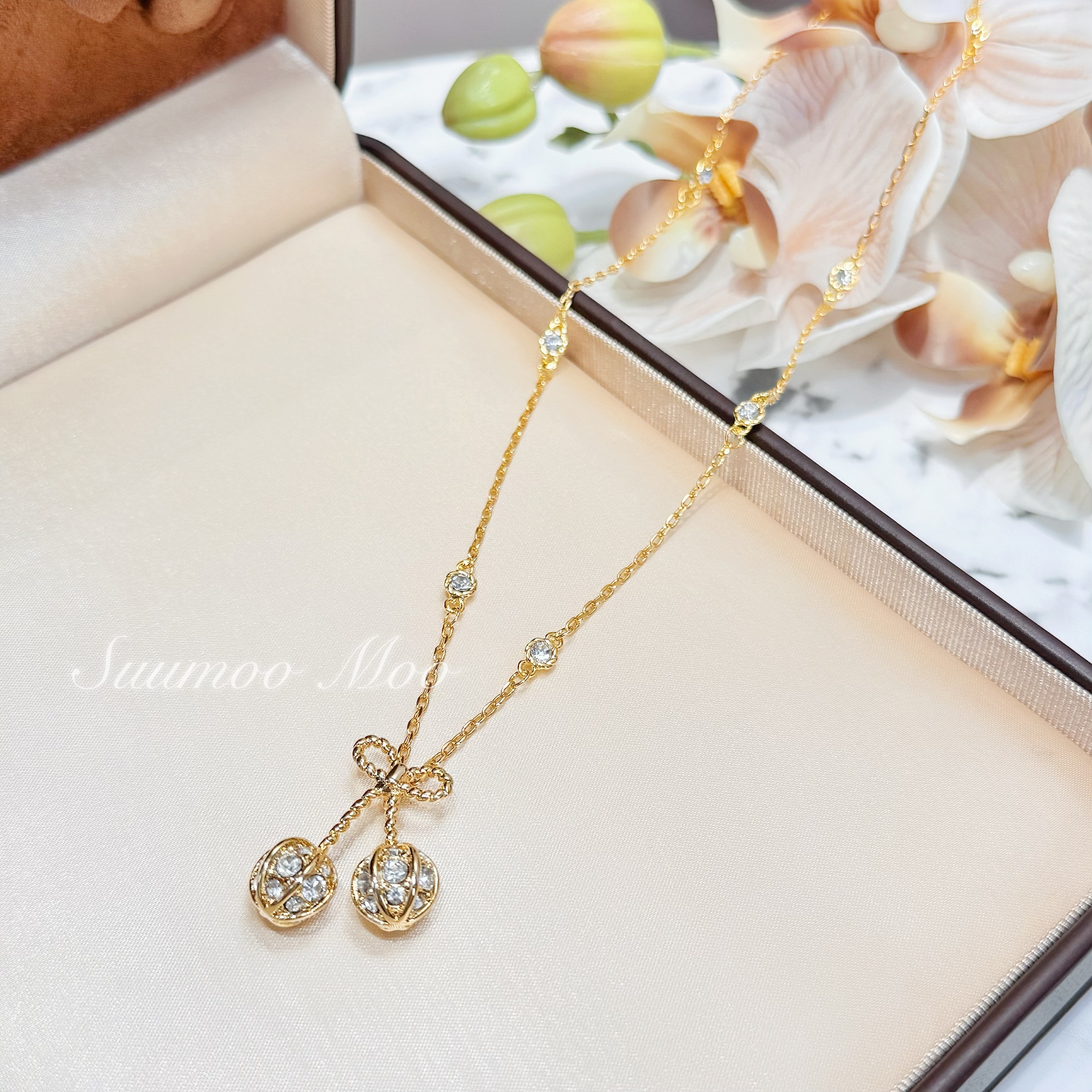 铜合金合成锆石项链 日韩时尚金色满钻小樱桃项链