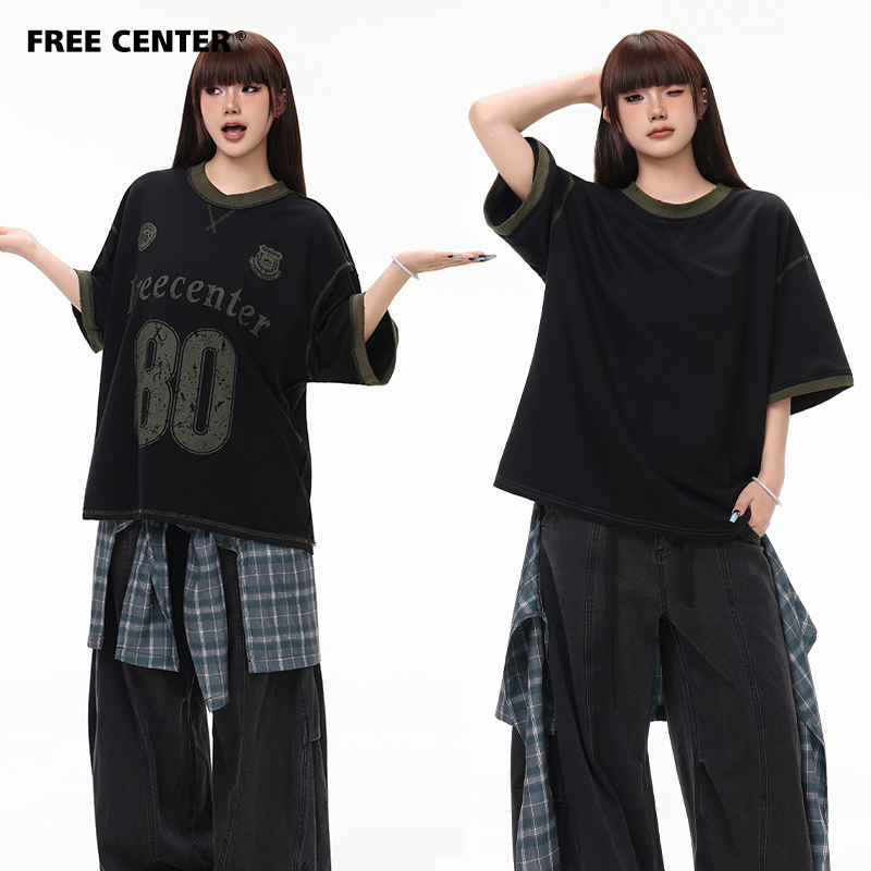 Free Center双面穿美式复古做旧短袖t恤男女同款夏季宽松情侣半袖