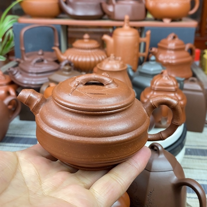 紫砂茶壶双线竹鼓150cc原矿宝山红降坡泥