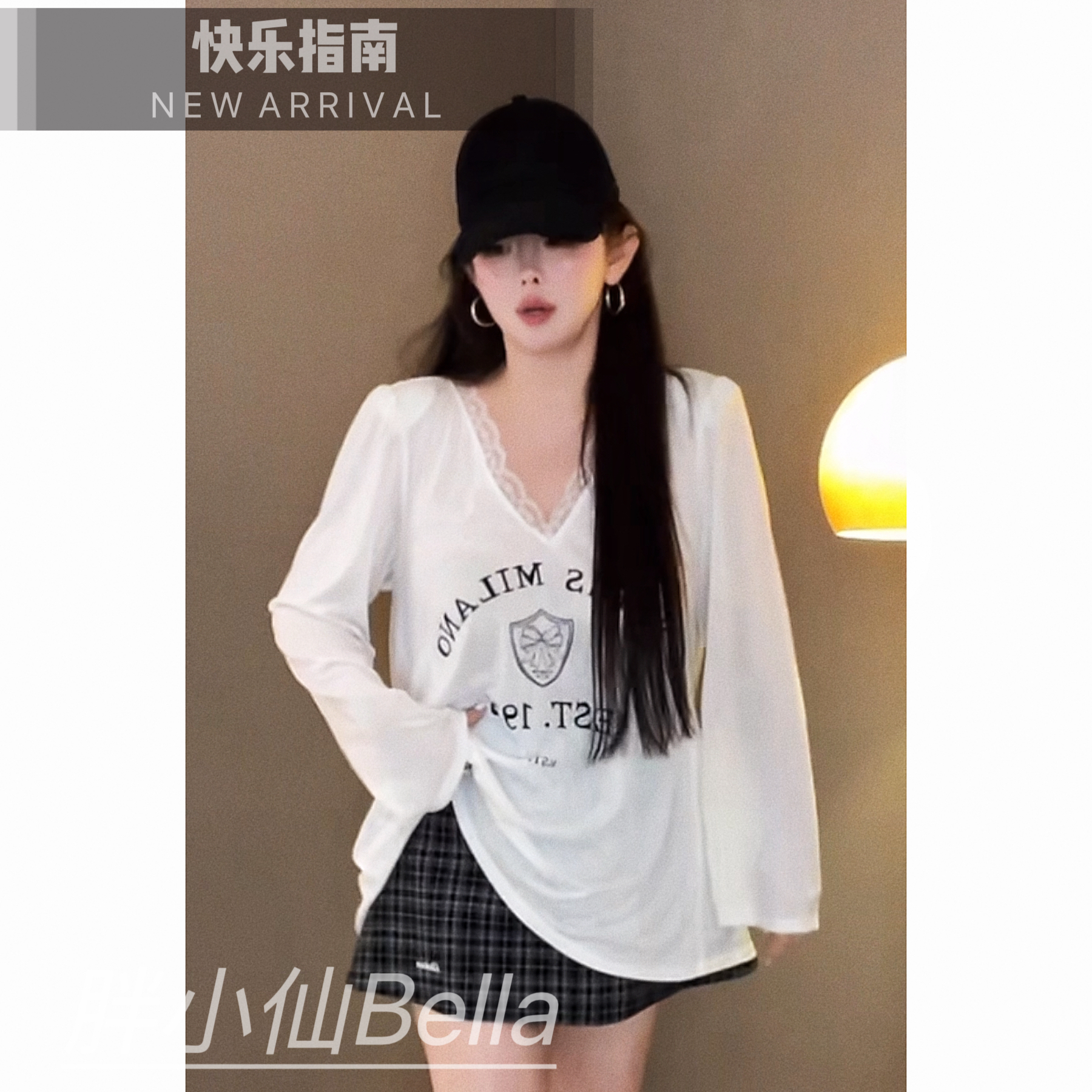 【胖小仙】<快乐指南>V领汗印花T恤长袖内搭气质蕾丝微胖显瘦大码