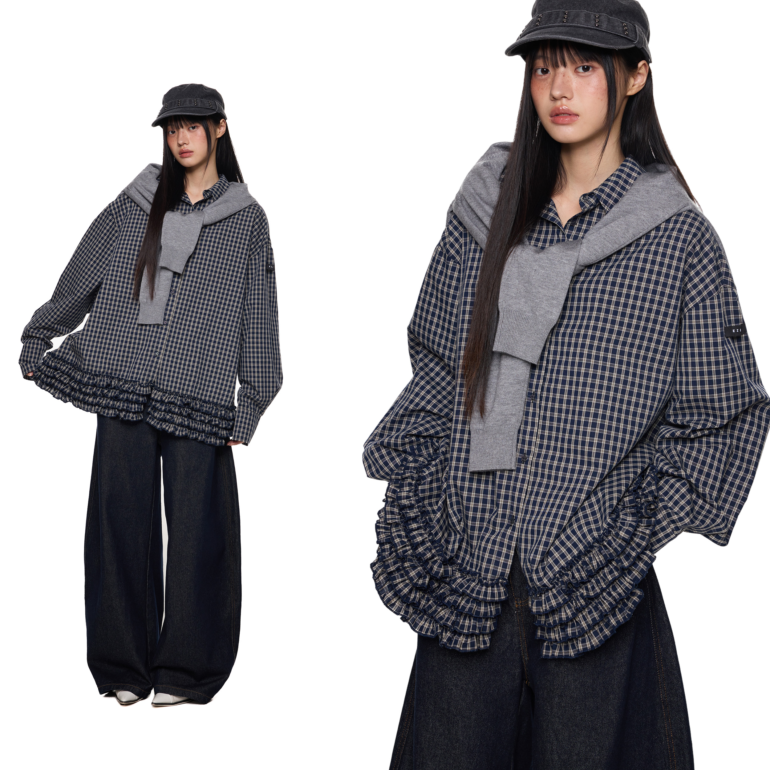 EZEK 格子褶皱下摆长袖衬衫女夏季休闲宽松设计感慵懒风外套上衣