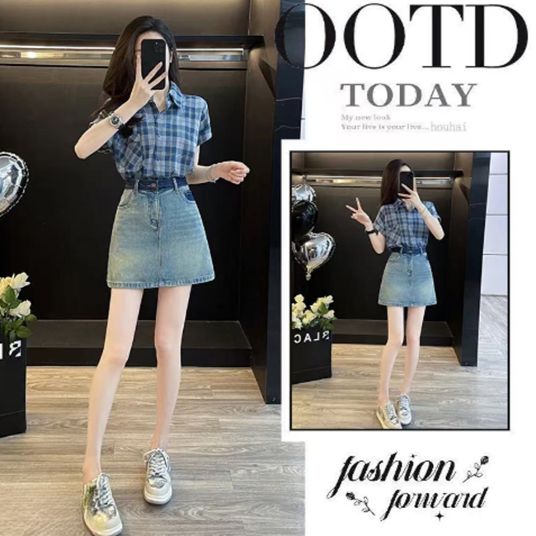 【全额运费补贴】港风复古蓝色格子polo领衬衫女夏季减龄上衣365