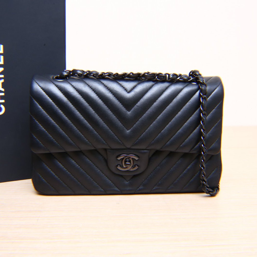 95新 Chanel/香奈儿 【小花Han】CF 口盖包 中号 黑色 皮革S 21开