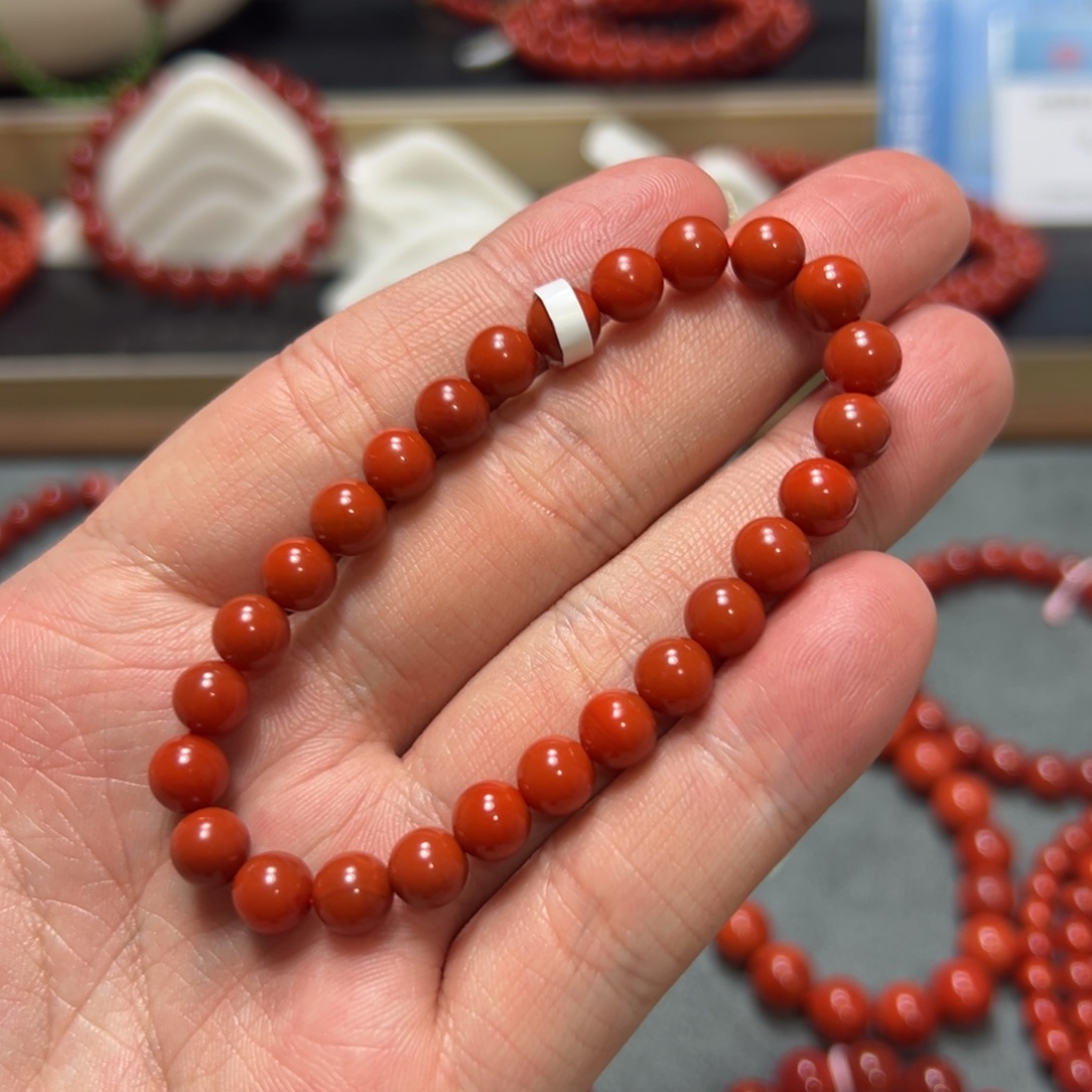 南红玛瑙未镶嵌手串头货柿子红满肉满色约7mm
