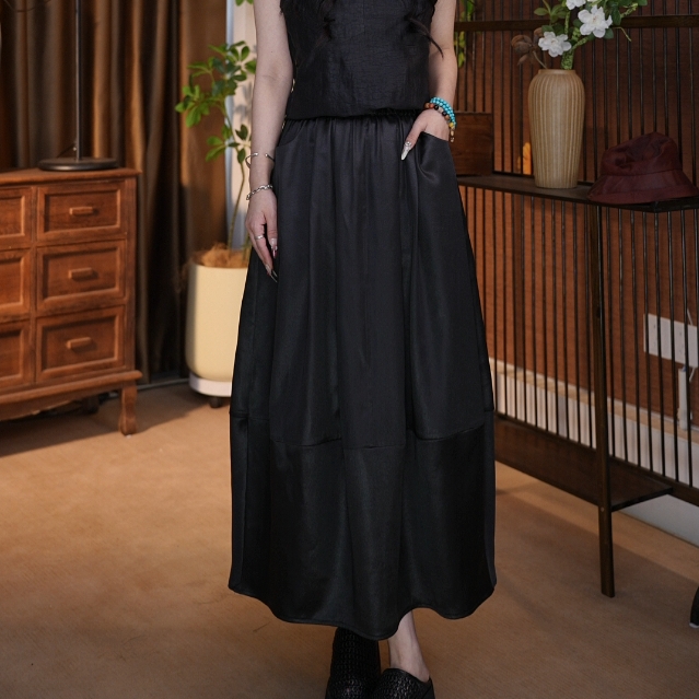 100桑蚕丝重锻香云纱花苞裙气质新款新中式复古长款女士半裙50836