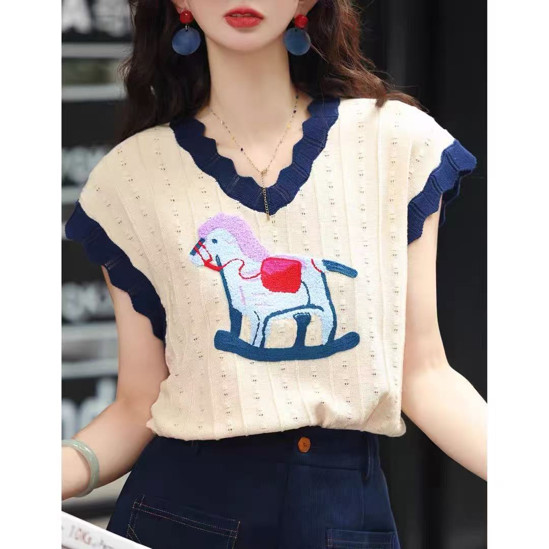 时尚撞色刺绣木马短袖T恤女夏季新款小个子减龄宽松短款背心上衣