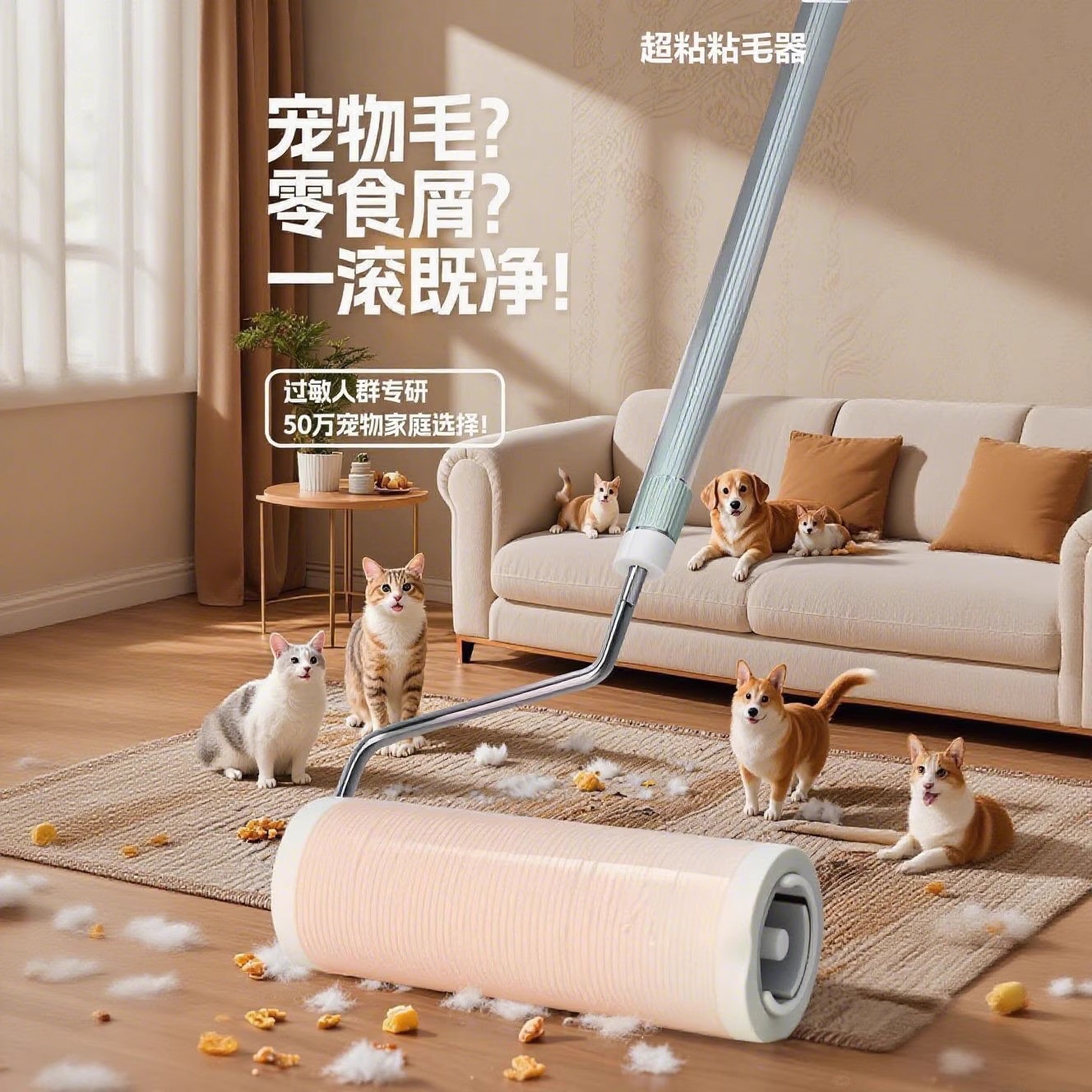 粘毛器滚筒长杆沾毛粘尘纸滚刷头发衣服去猫毛神器替换卷纸