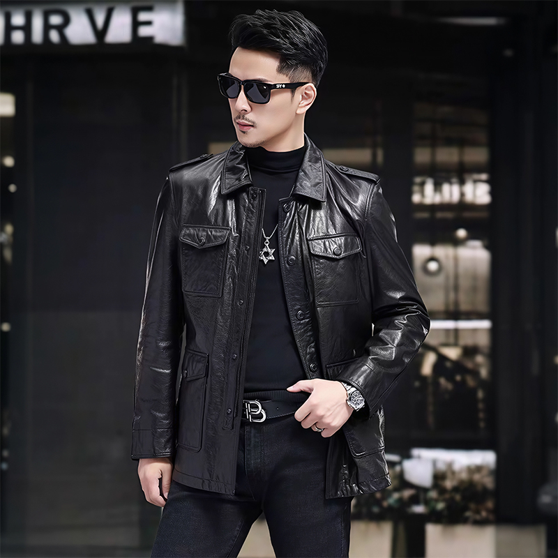 2309牛皮猎装风休闲时尚真皮夹克商务男士春秋中长款工装风格
