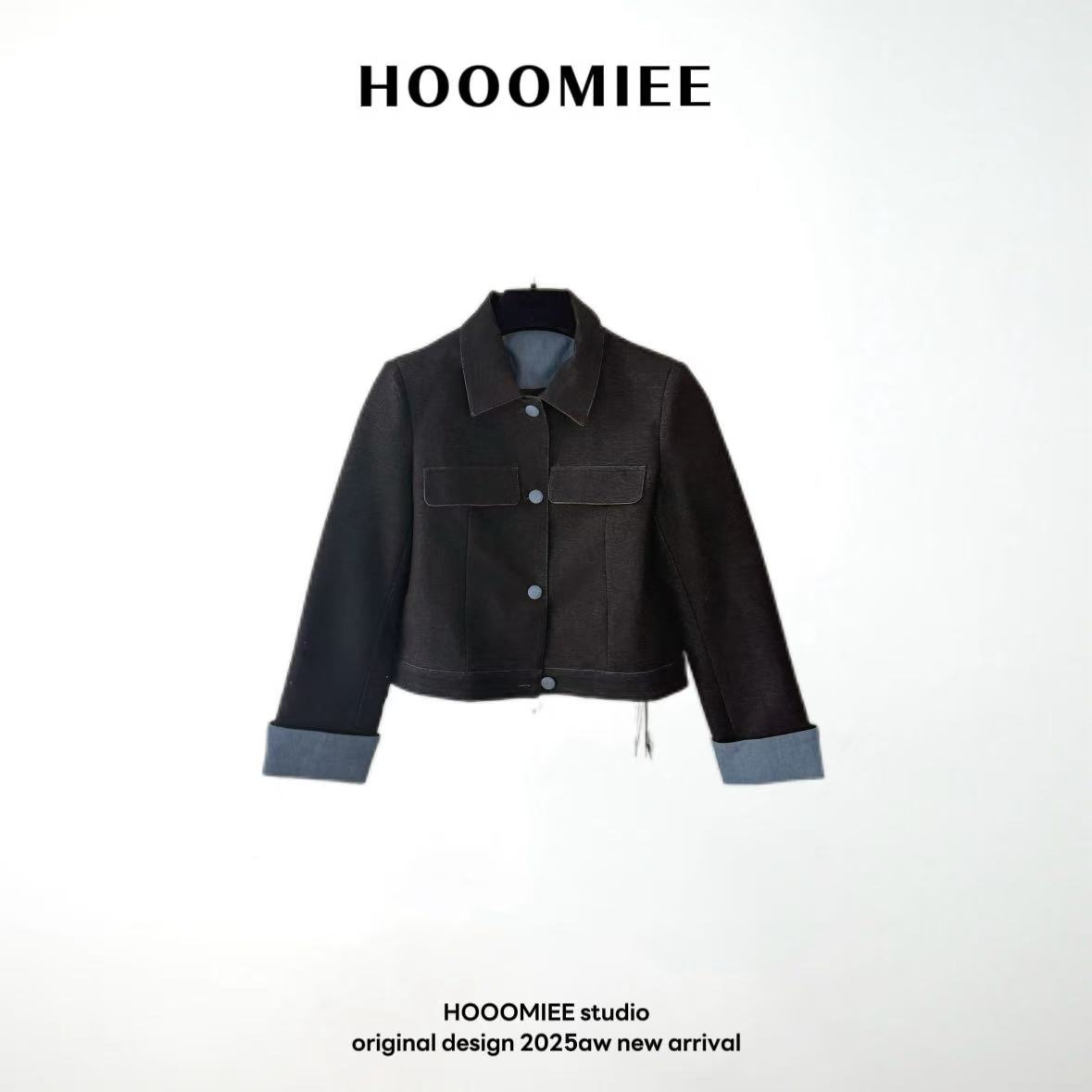 Hooomiee法式香风撞色袖口休闲短款女士夹克外套2025-487