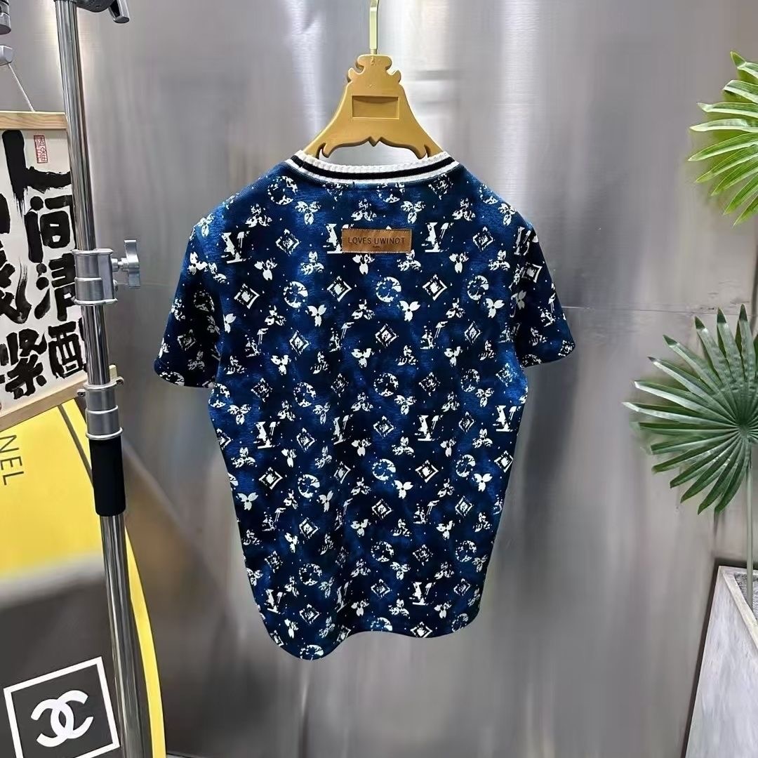 BW-T恤百搭宽松上衣蓝色短袖日常圆领印花夏季撞色满印k-225-Q