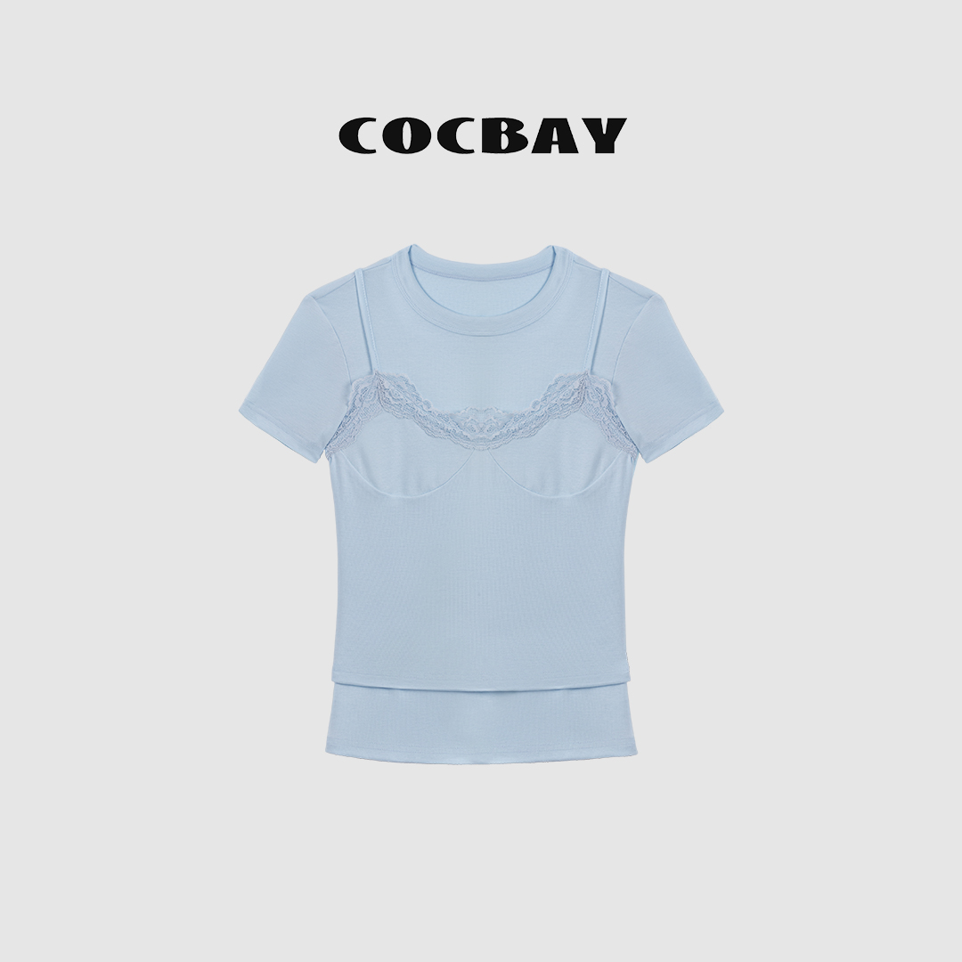 COCBAY-Urban Drift｜假两件叠穿蕾丝百搭春夏吊带短袖上衣YT0013