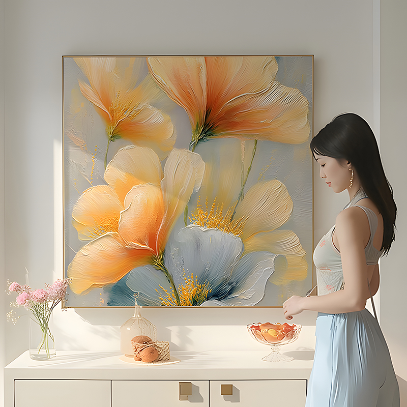 《逸彩花韵》手绘油画抽象花卉现代餐厅装饰画轻奢高级感玄关挂画
