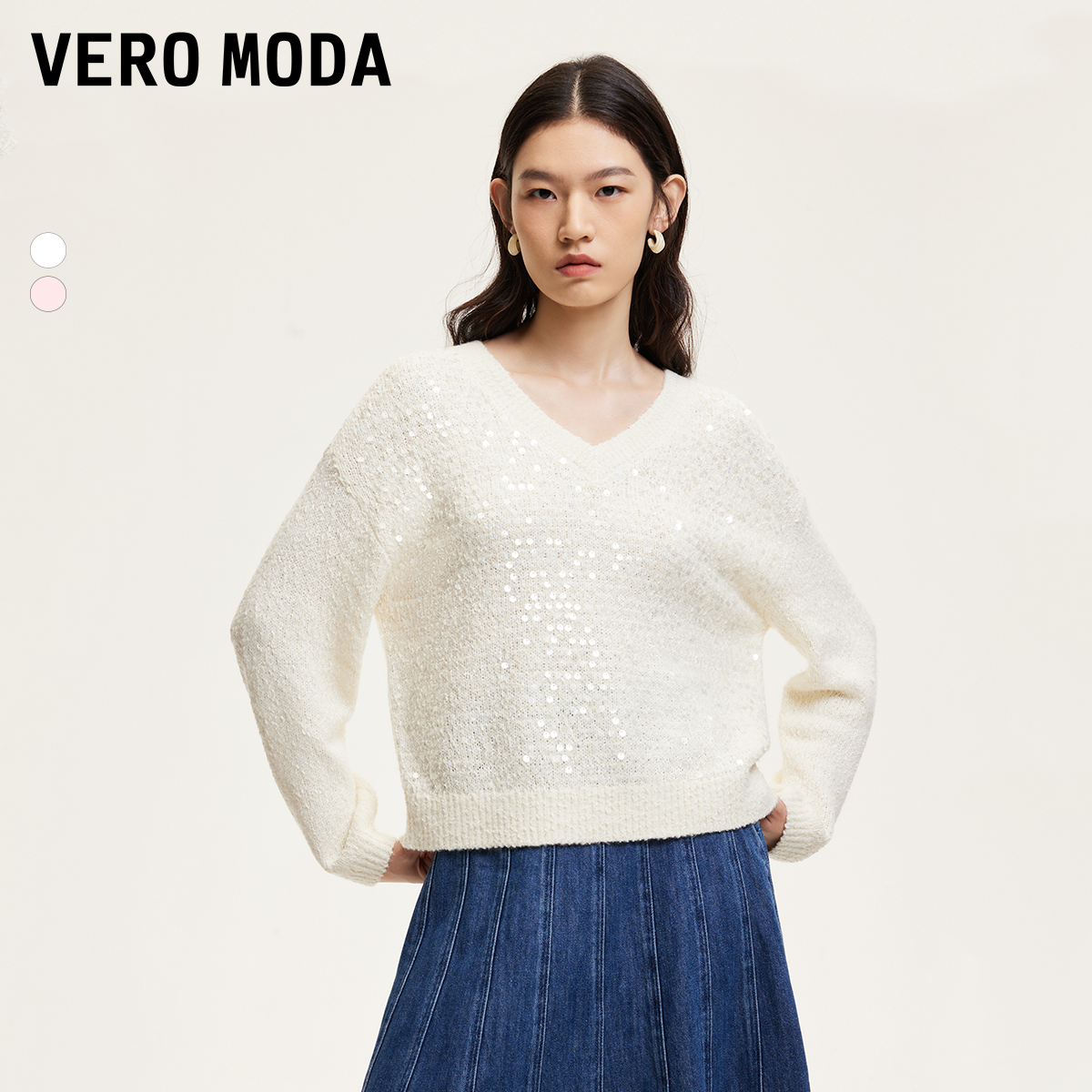 Vero Moda针织衫冬新款宽松H版垂顺亮片V领甜美时尚洋气百搭女装
