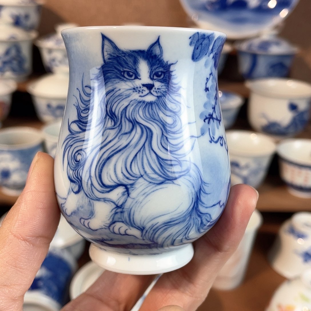 青花猫咪玉兰杯杯