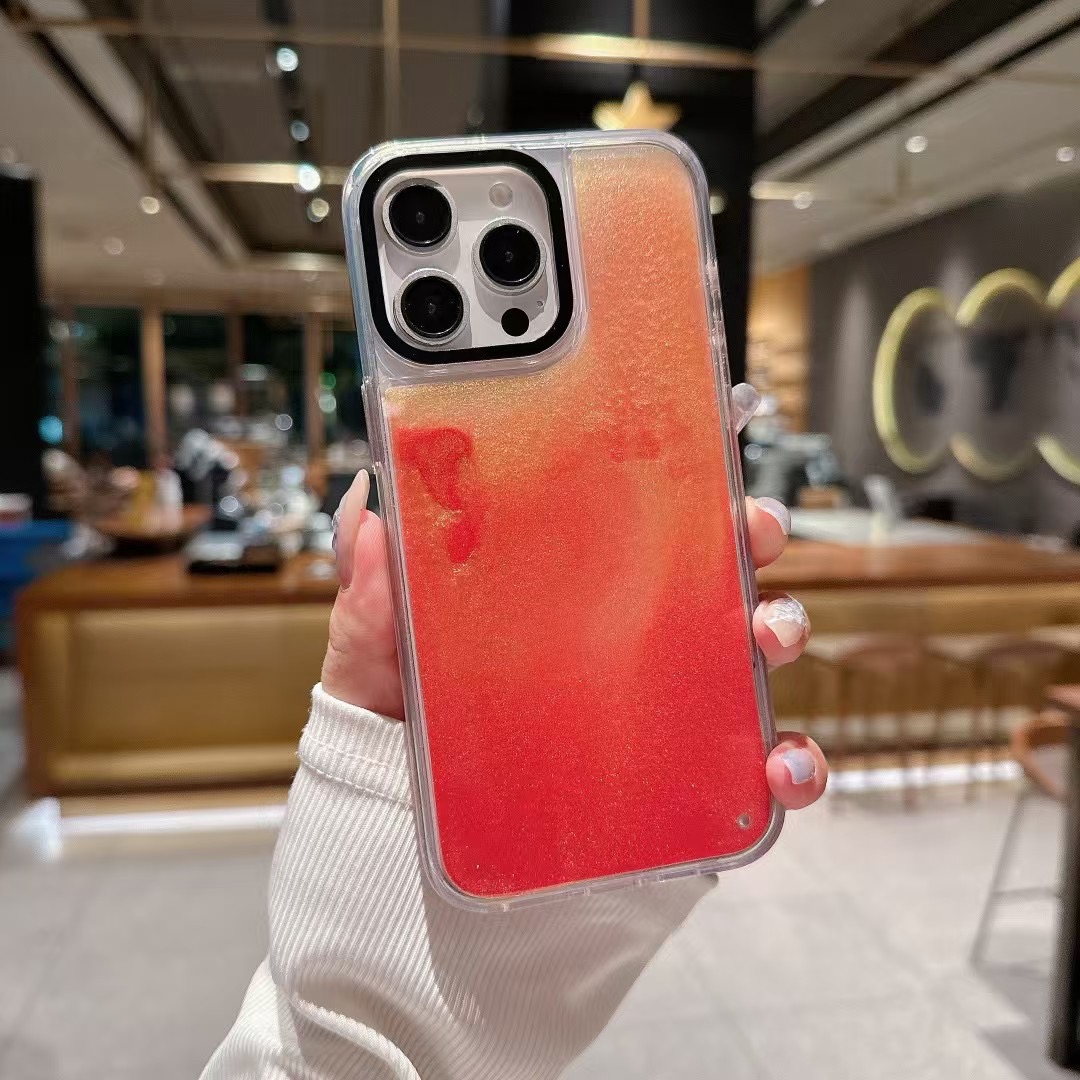 适用苹果/新款透明鎏金红/黑金闪粉流沙手机壳全包边防摔轻奢女