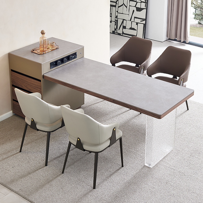 岛台餐桌一体家用可伸缩亚克力悬浮马鞍皮灰色灯带款新型岛台餐桌