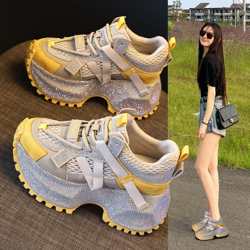 HC6580-7厚底内增高时尚拼色水钻老爹鞋女2025秋季新款运动休闲鞋