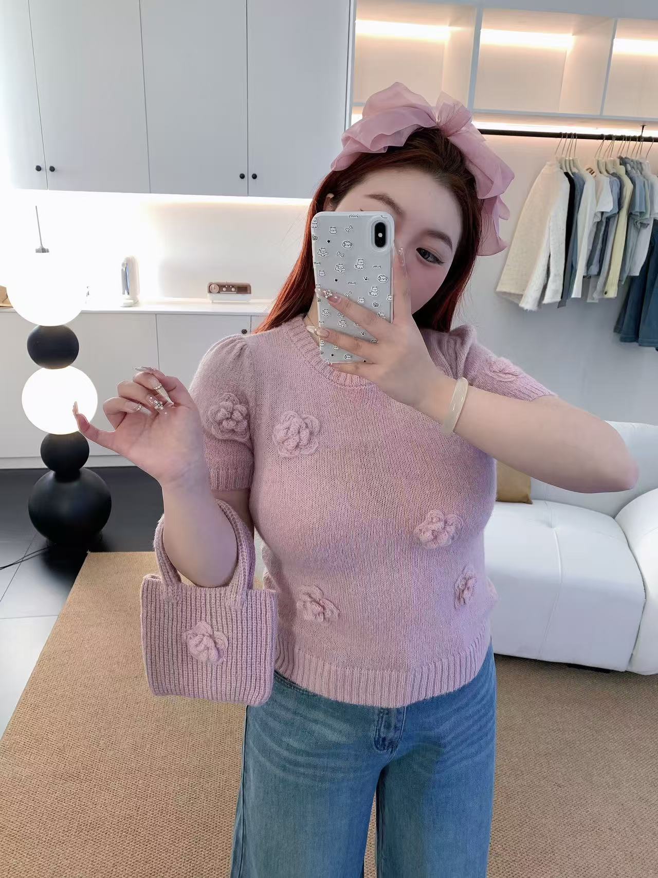 慧芝huizhi 山茶花包包毛衣（配包包）软糯宽松弹力针织上衣25216