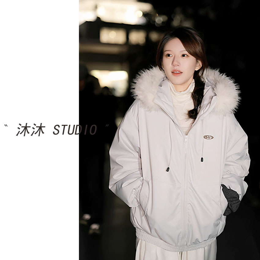 沐沐定制「许研同款 」25年冬韩系时尚大毛领加绒加厚连帽外套25386