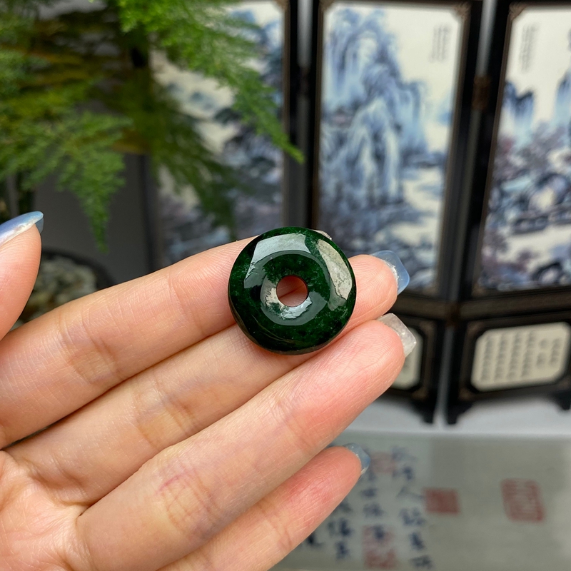花青满绿辣色平安扣挂件 天然翡翠A货 