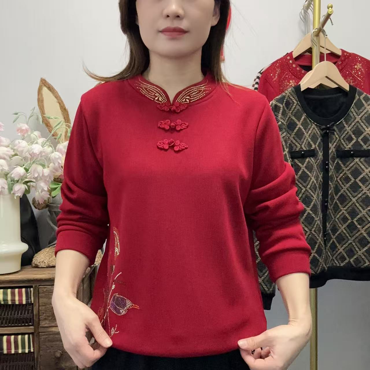 【丽姐家】秋冬加绒加厚妈妈装国风咖色百搭女士上衣