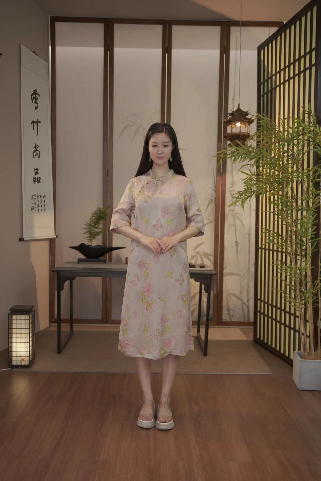 【陌上】高端中式印花中袖连衣裙8082