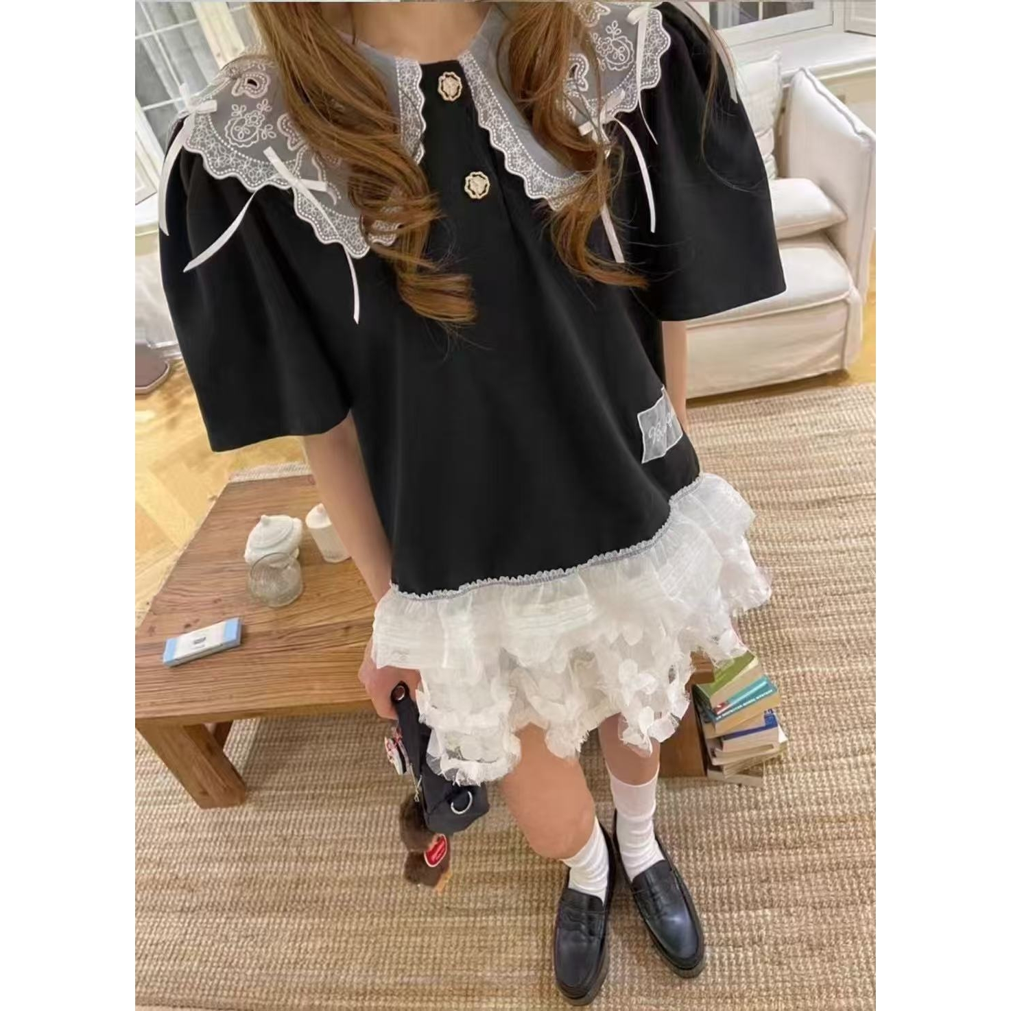 韩国INS时尚拼接蕾丝花边领子T恤