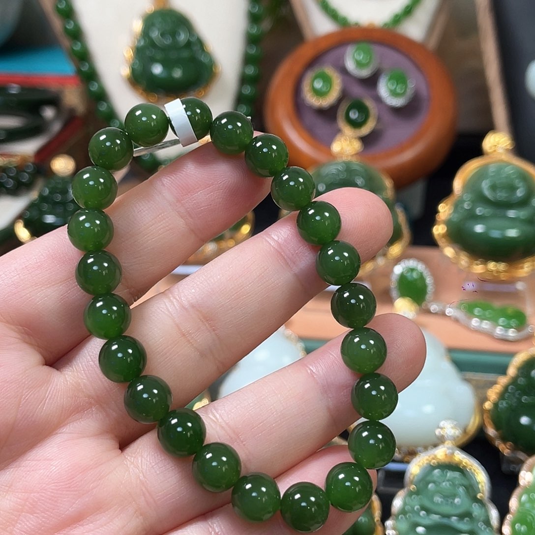 和田玉（碧玉）未镶嵌颈饰冰阳绿手串8mm